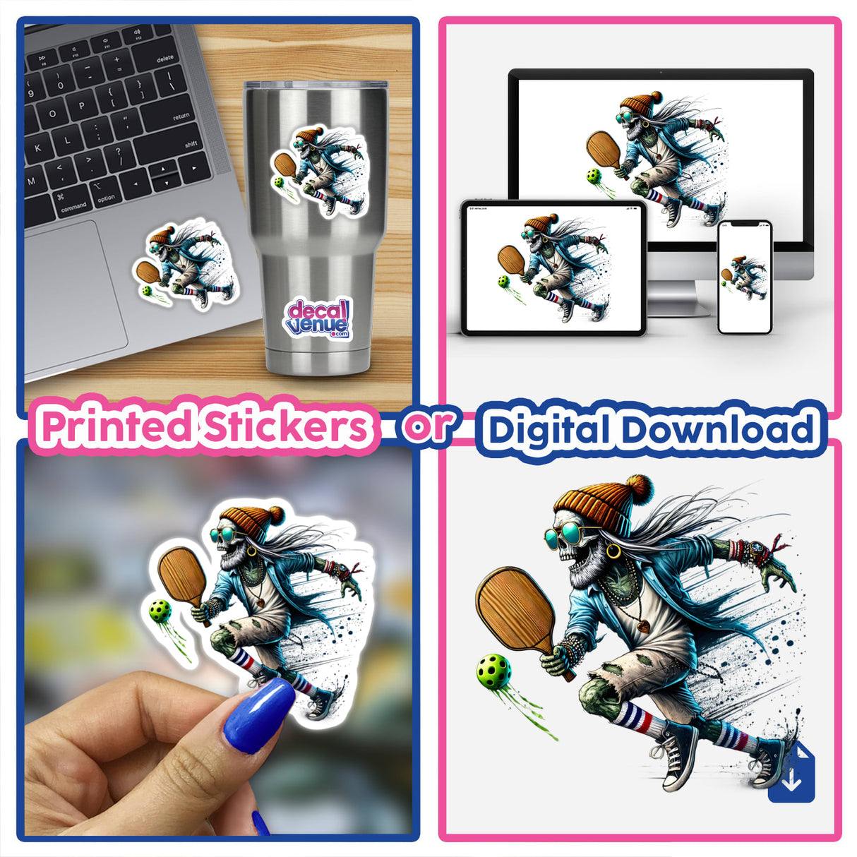 Collage featuring Trendy Zombie Playing Pickleball stickers, including a skeleton with a paddle, available as stickers or digital artwork from Decal Venue.