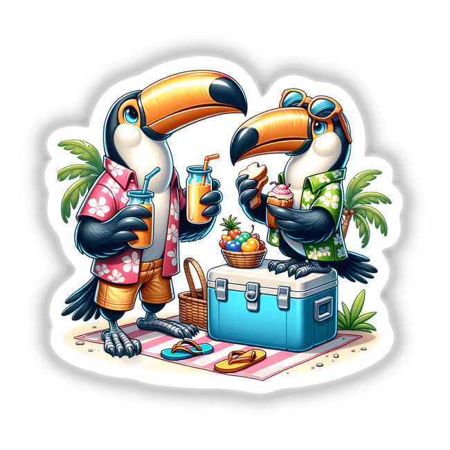 Toucan Birds Having a Picnic: Cartoon birds enjoying a picnic with a blue cooler featuring a bird paw on top. Available as stickers or digital artwork.