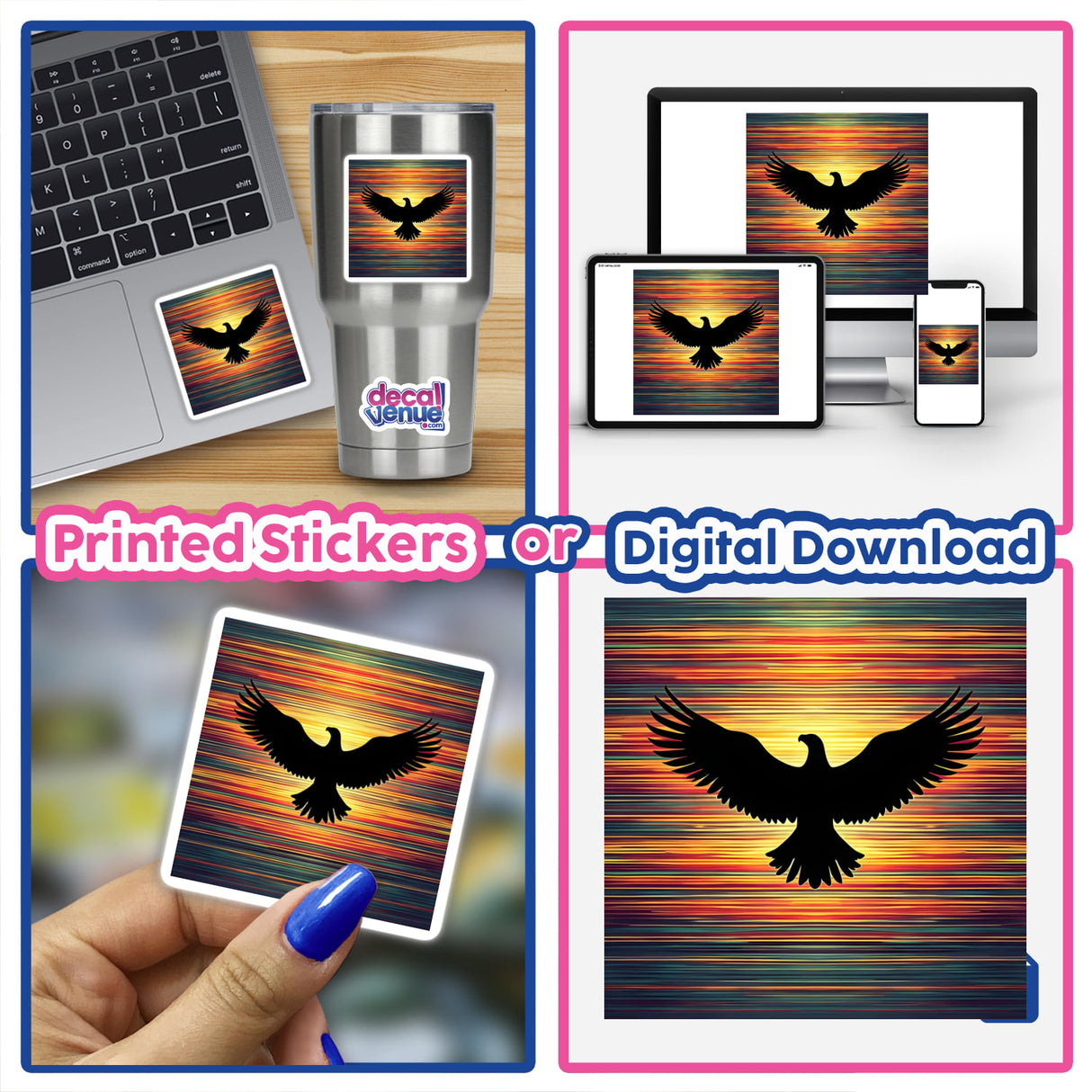 Eagle Silhouette with Dynamic Multi-Color Stripes displayed on a laptop, close-up of detailed stickers and digital artwork.