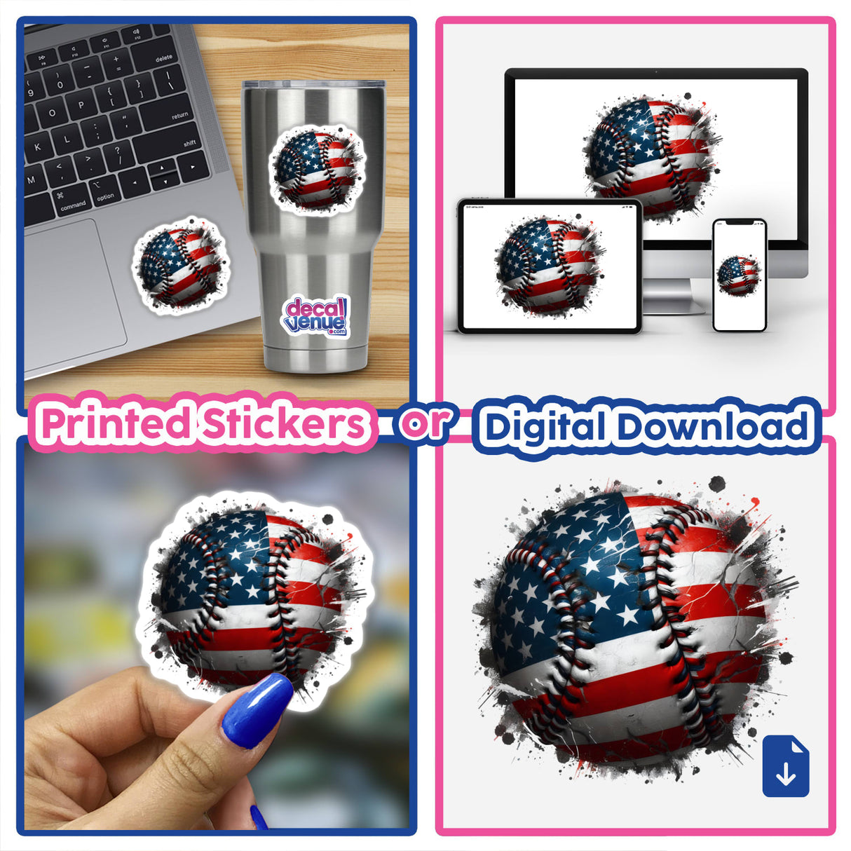 American Flag Baseball Splatter: A collage featuring baseballs with American flag designs, available as unique stickers or digital artwork from Decal Venue.