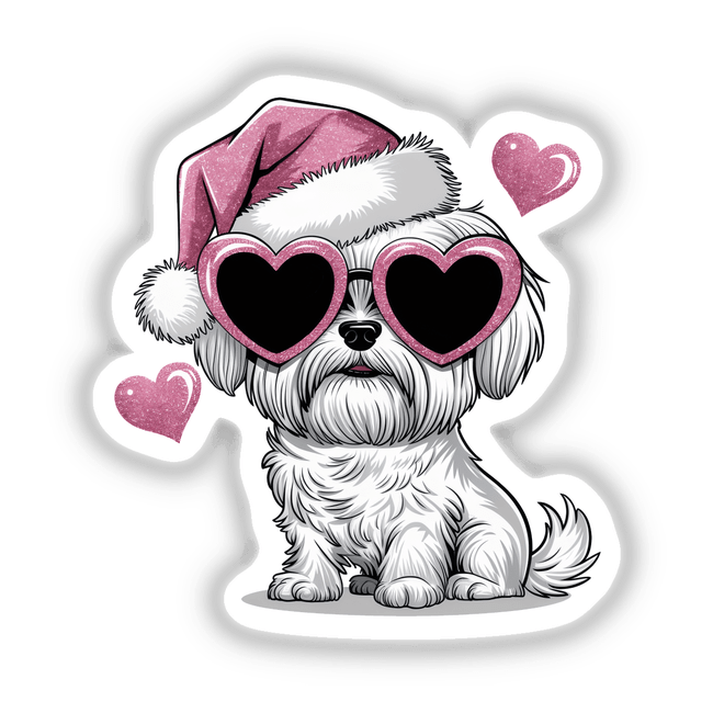 Christmas Santa Pink Glitter Maltese Dog depicted with heart-shaped sunglasses, available as stickers or digital artwork, combines whimsical charm and festive spirit, embodying Decal Venue’s unique artistic style.