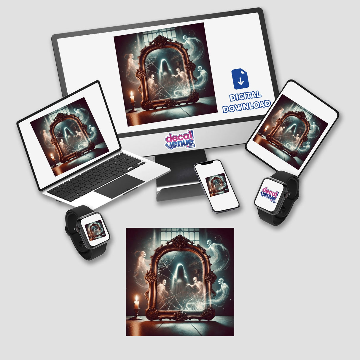 Cursed Mirror - Reflections of Ghostly Figures: a laptop displaying an eerie mirror with ghostly figures, available as stickers or digital artwork.