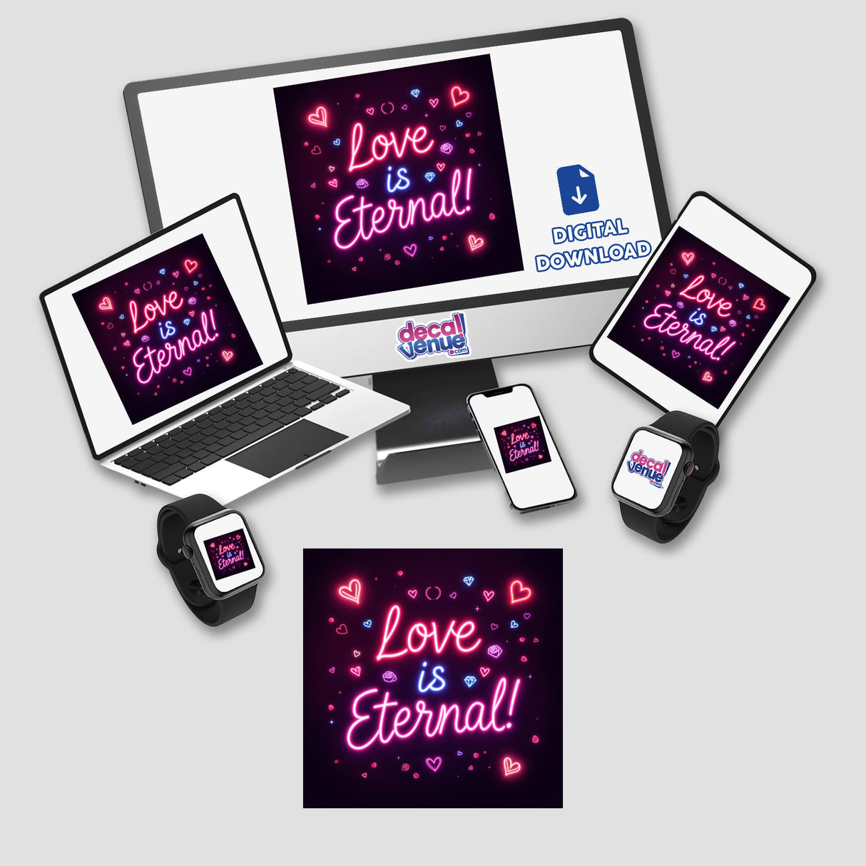 Love is Eternal Neon Glow Design featuring vibrant neon hearts and flowers on electronic screens, available as stickers or digital artwork from Decal Venue.