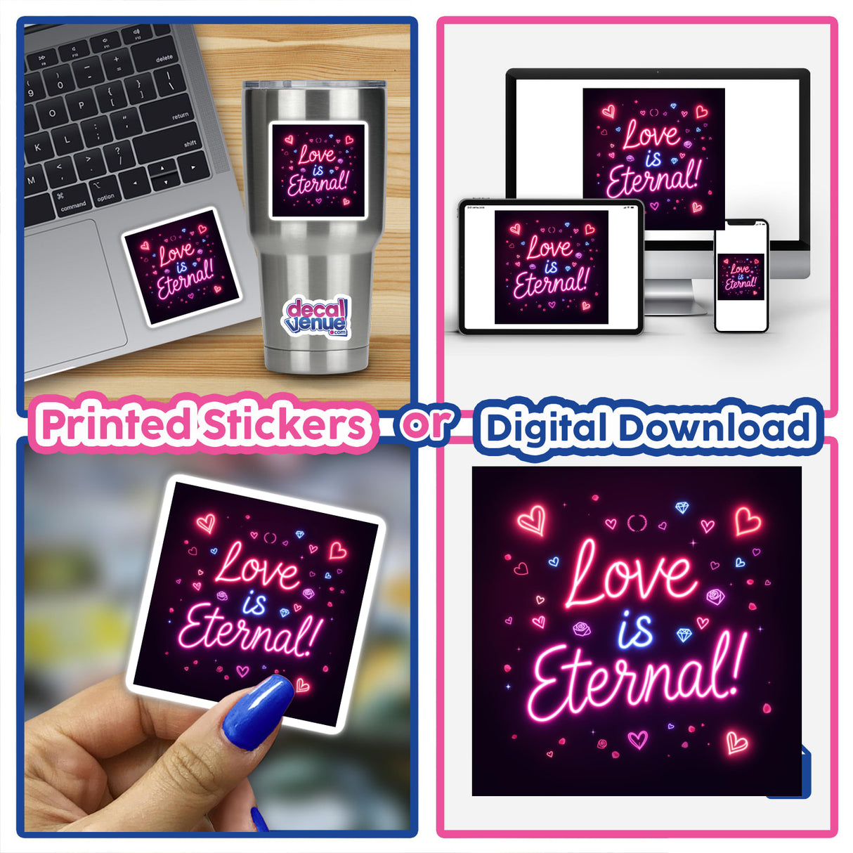 Collage featuring a laptop adorned with the Love is Eternal Neon Glow Design sticker, showcasing its vibrant presence. Also includes digital artwork options for versatile use.