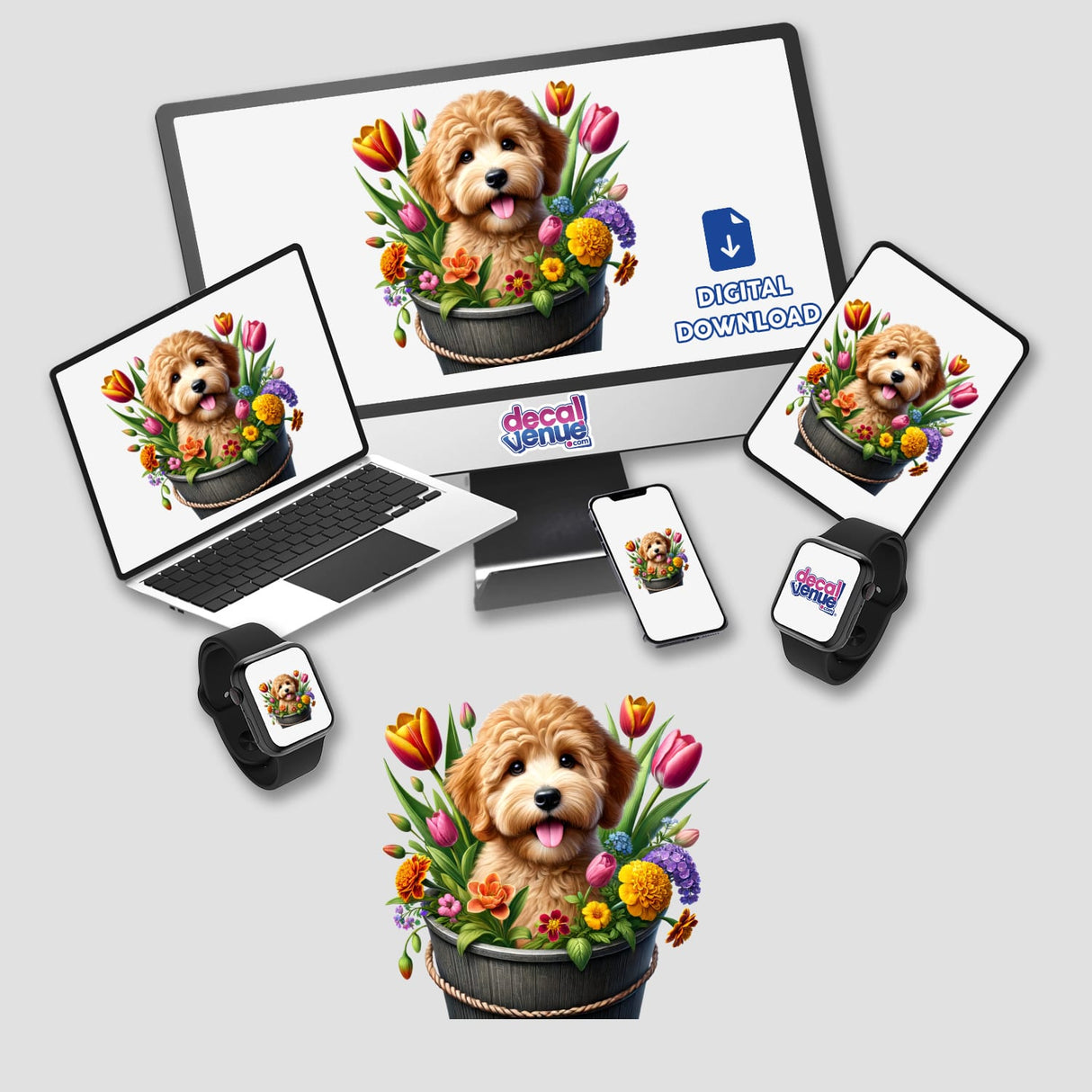 Goldendoodle Dog Peeking Out of Flower Pot