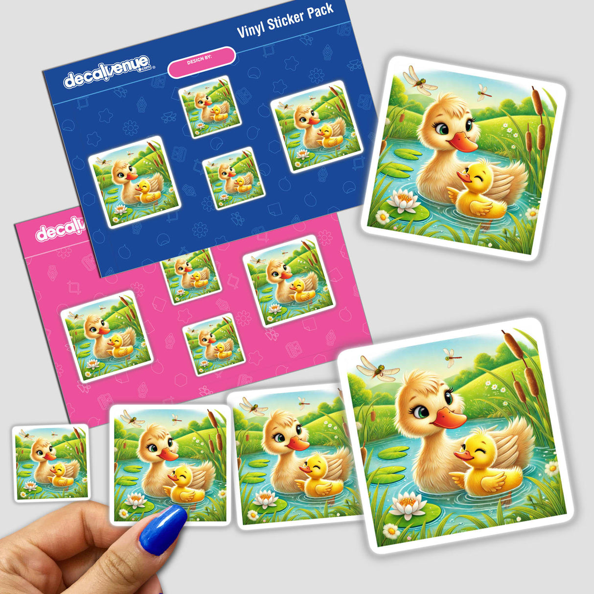 Mother Duck with Duckling Swimming in Water sticker pack, featuring charming cartoon designs of ducks in a pond. Available as stickers or digital artwork from Decal Venue, known for unique vinyl creations.