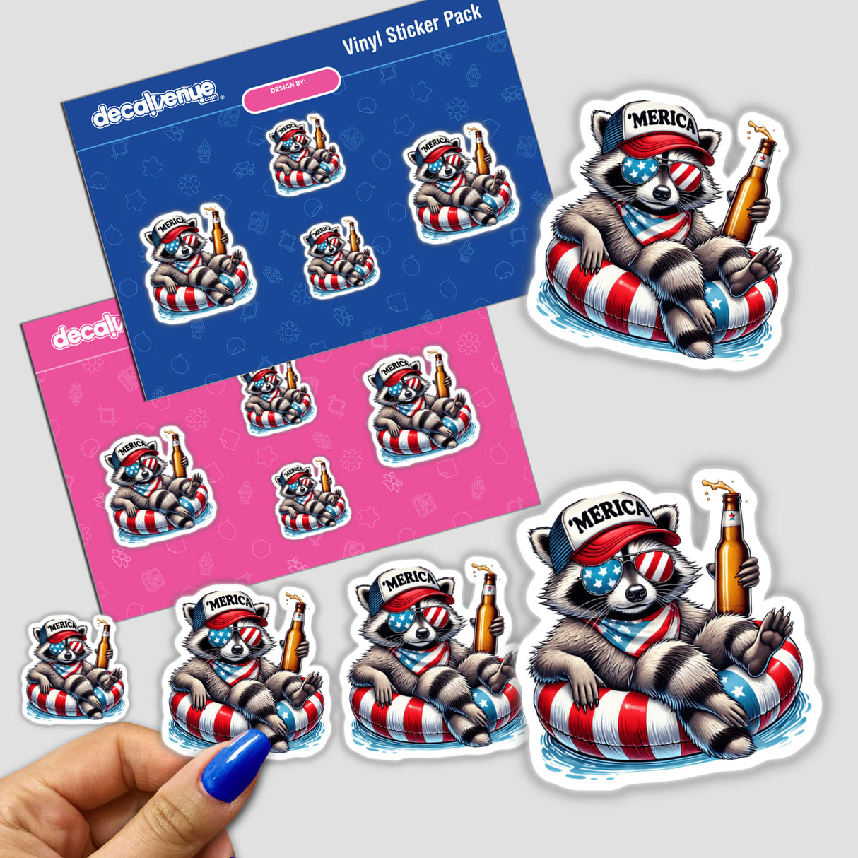 Hand holding a bottle with stickers featuring a cartoon raccoon wearing a hat and sunglasses, part of the Raccoon American Flag Float Merica collection.