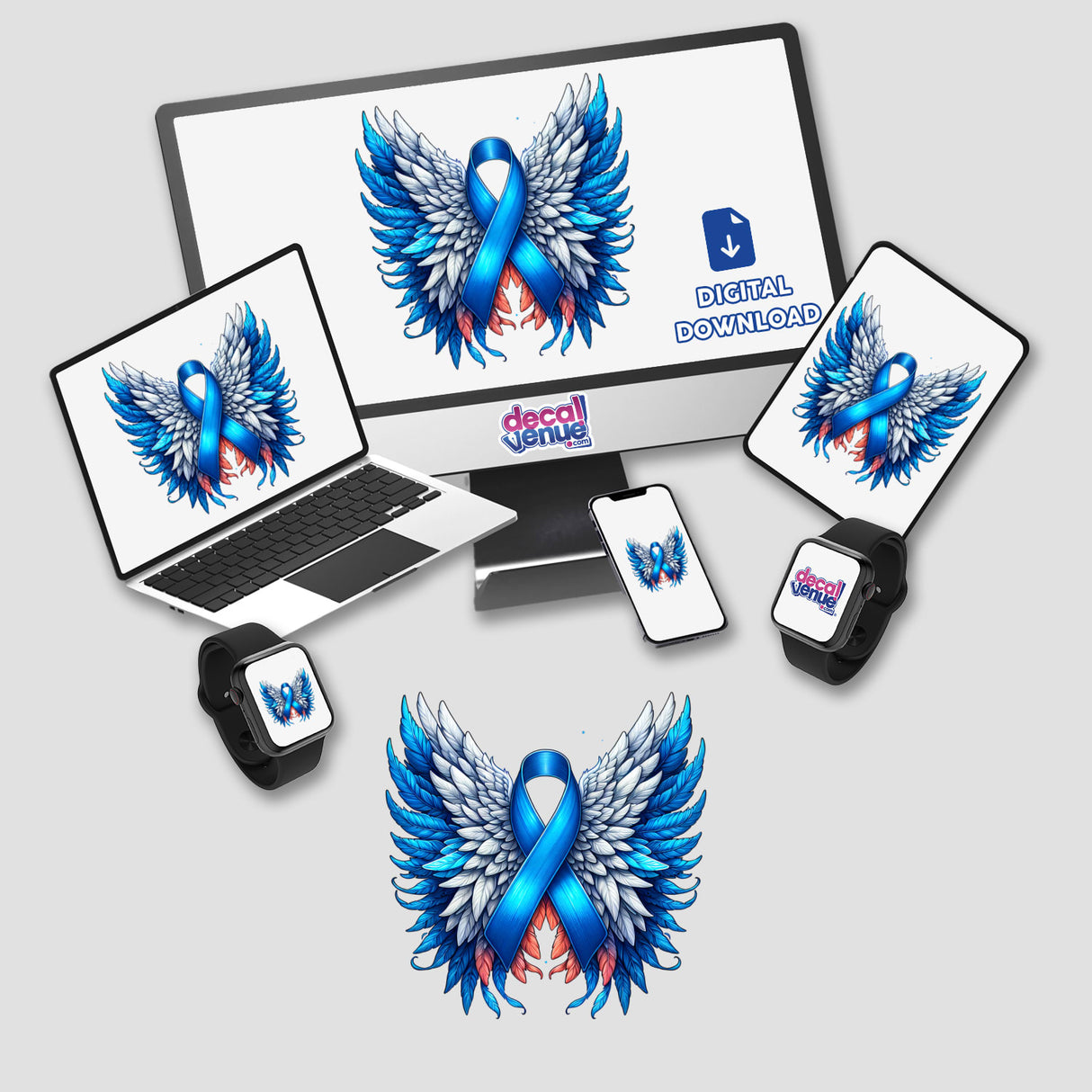 Blue Awareness Ribbon with Wings depicted on a computer monitor and laptop, available as stickers or digital artwork, embodying Decal Venue's unique vinyl sticker and digital art offerings.