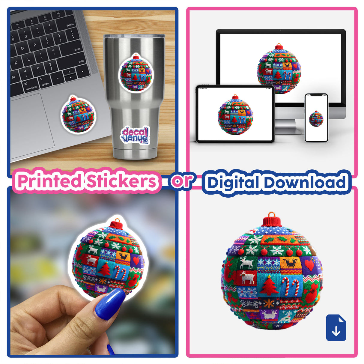 Ornament Ball Ugly Christmas Sweater Style sticker, featuring a knitted design, visibly detailed in a collage, showcasing its unique aesthetic. Available as stickers or digital artwork from Decal Venue.