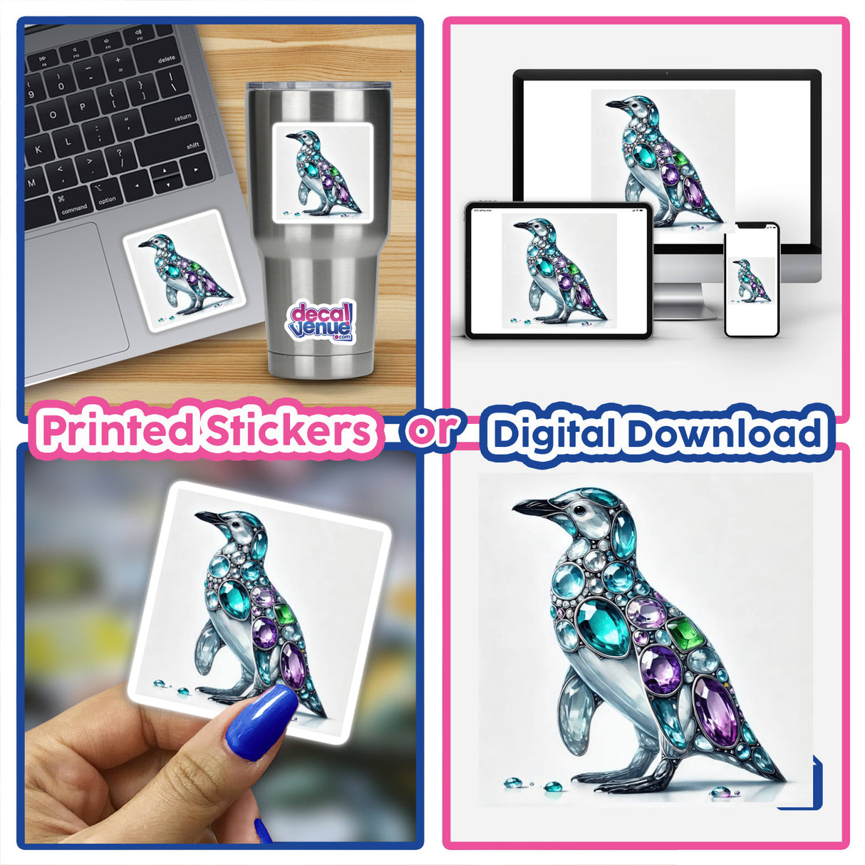 Penguin Jewels and Gemstones collage featuring various penguin drawings adorned with gems, suitable as stickers or digital artwork.