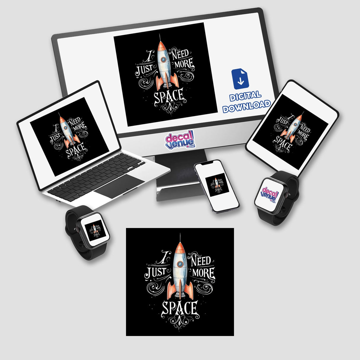 Retro Rocket with Playful “I Just Need More Space” Typography displayed on a laptop, tablet, and smartphone screens, highlighting its availability as stickers or digital artwork.