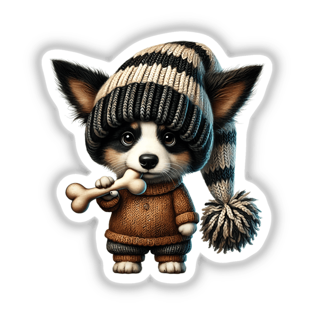 Border Collie Gnome holding a dog bone, wearing a hat. Available as stickers or digital artwork.