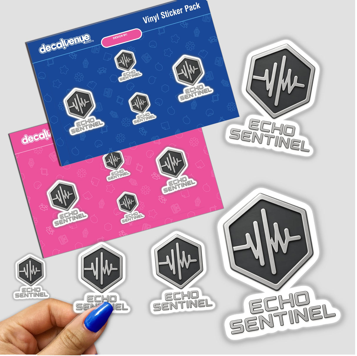 Echo Sentinel – RPG-Style Skill Badge features a silver soundwave design, available as a sticker or digital artwork, embodying Decal Venue's unique vinyl and digital art offerings.