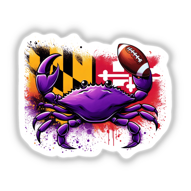 Purple Crab Maryland Flag Splatter Football: A vibrant sticker or digital artwork featuring a purple crab holding a football, designed in a splatter style, reflecting unique and creative graphic art.