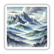 Mountain Majesty - Watercolor Peaks and Valleys: A detailed painting of mountains and clouds, available as stickers or digital artwork.