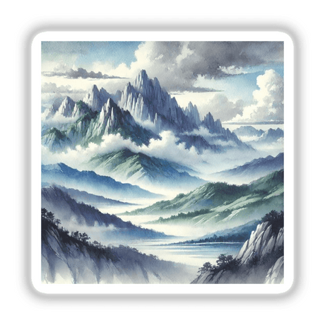 Mountain Majesty - Watercolor Peaks and Valleys: A detailed painting of mountains and clouds, available as stickers or digital artwork.