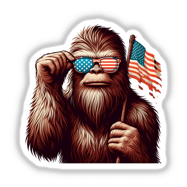 Sasquatch Holding American Flag illustration depicts a bigfoot with a U.S. flag and American flag-patterned sunglasses, available as stickers or digital artwork from Decal Venue.