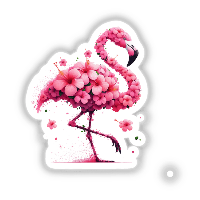 Vibrant flamingo surrounded by lush hibiscus flowers, a striking digital artwork showcasing the beauty of nature.