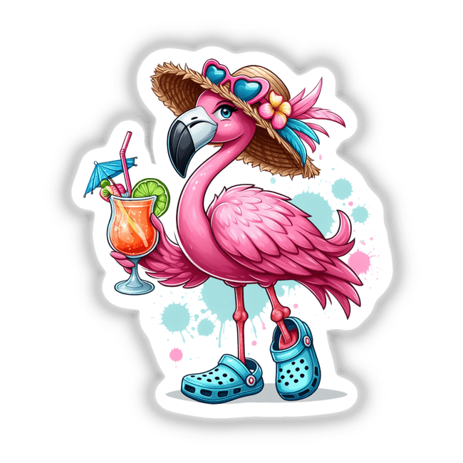 Ready for Summertime Beach Flamingo depicted as a vibrant sticker or digital artwork, highlighting its playful flamingo design, ideal for adding a touch of summer fun to any surface.