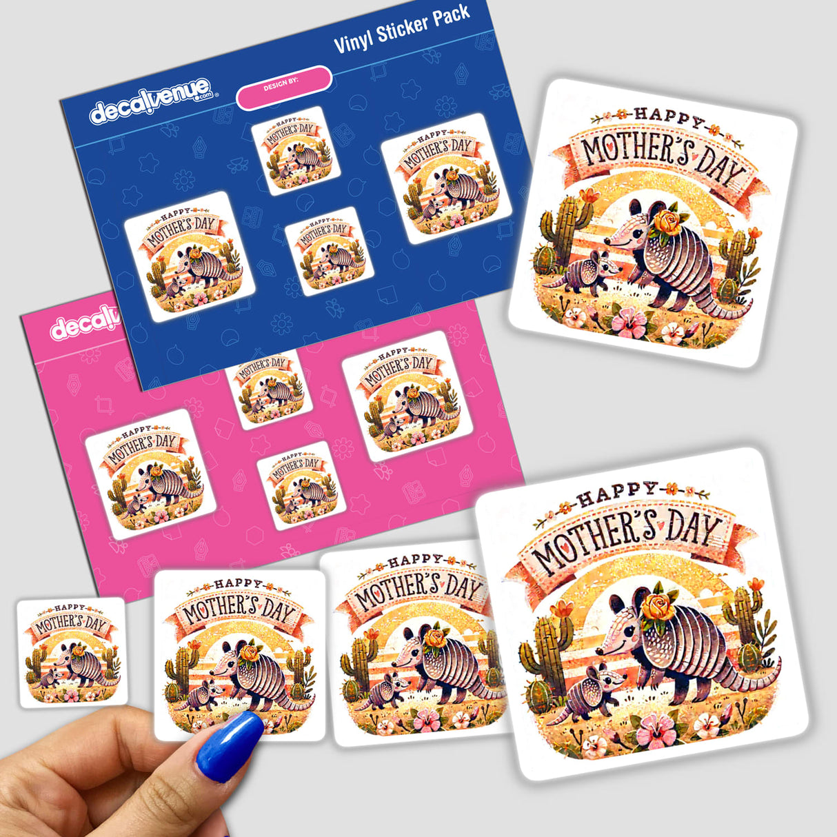 Happy Mother's Day Armadillo With Cactus And Flowers stickers featuring cartoon armadillos, cacti, and flowers, available as vinyl stickers or digital artwork, showcasing unique and playful designs from Decal Venue.