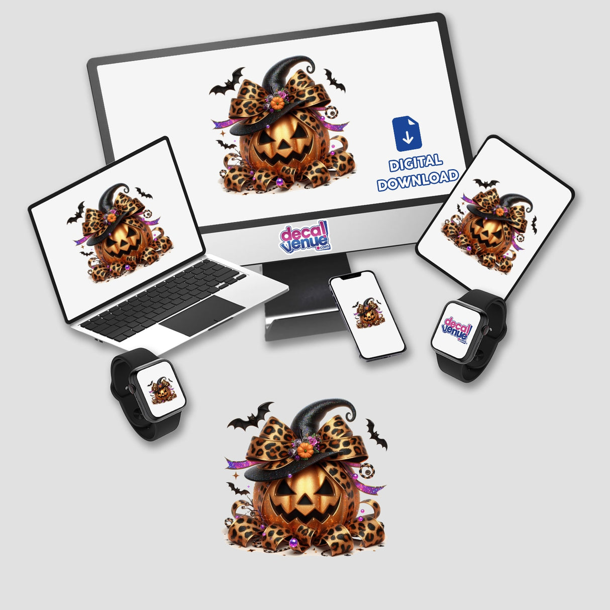 Digital artwork of a spooky Halloween pumpkin with a leopard-print bow, surrounded by bats and wrapped in colorful ribbons and decorations. Featured in various digital devices like laptops, smartphones, and smartwatches, showcasing the versatility of this unique, stylish Halloween-themed design.