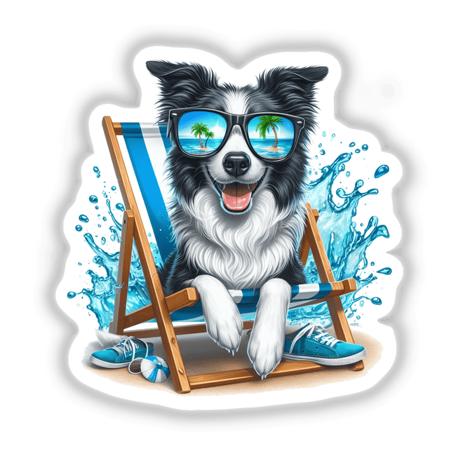 Peeking Border Collie Sitting in Beach Chair, featuring a dog with sunglasses, available as stickers or digital artwork from Decal Venue.