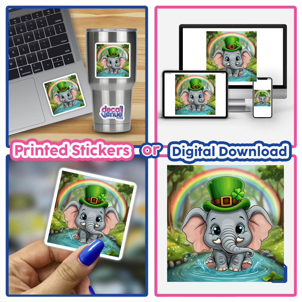 Elephant with Leprechaun Hat and Rainbow