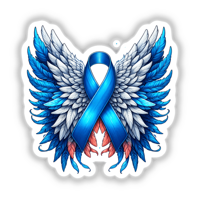 Blue Awareness Ribbon with Wings available as stickers or digital artwork, featuring a stylized blue ribbon adorned with white wings, symbolizing hope and support.