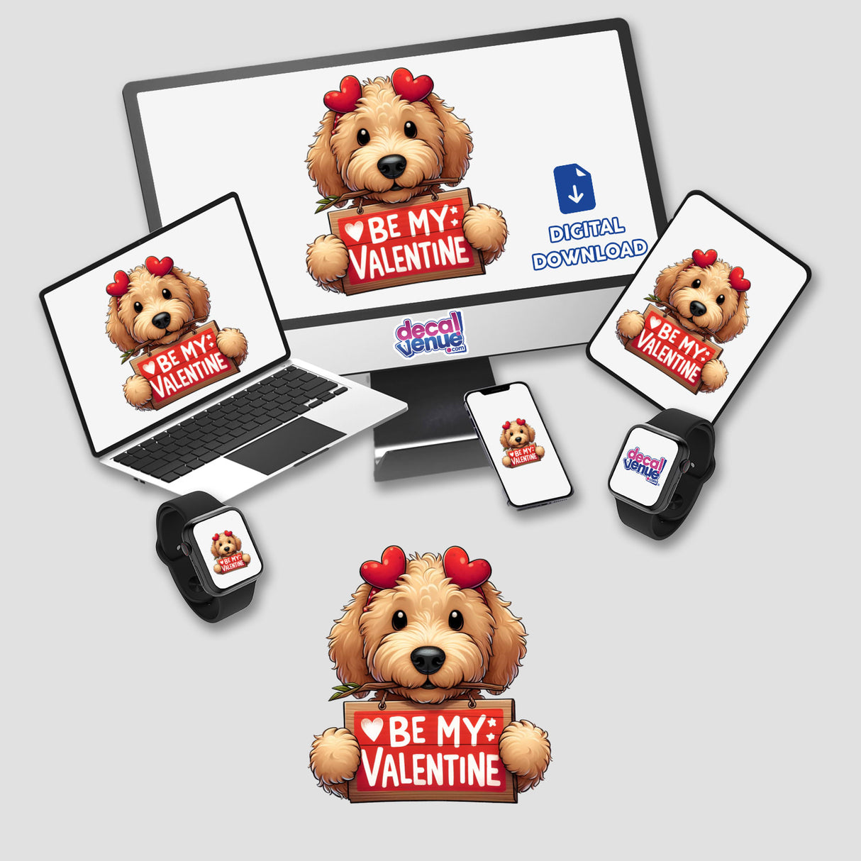 Cartoon of a GoldenDoodle holding a sign on a laptop screen, featured in the GoldenDoodle Be My Valentine sticker or digital artwork collection from Decal Venue.