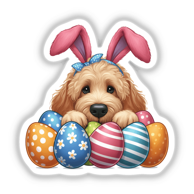 Peeking Easter Goldendoodle Dog with bunny ears surrounded by colorful eggs, available as stickers or digital artwork, showcasing a playful and festive theme.