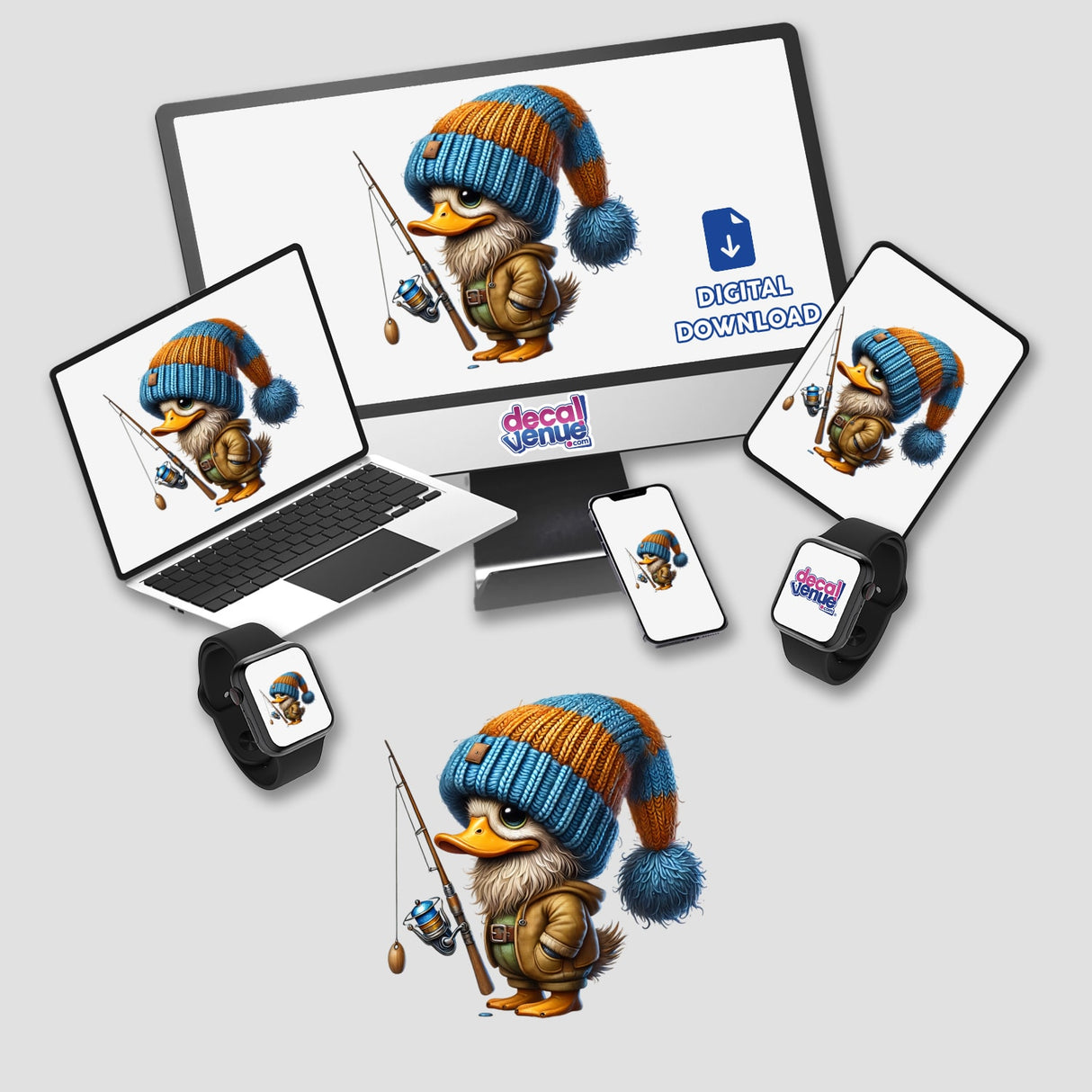 Duck Gnome with Fishing Rod displayed on a computer monitor and various devices, available as stickers or digital artwork at Decal Venue.