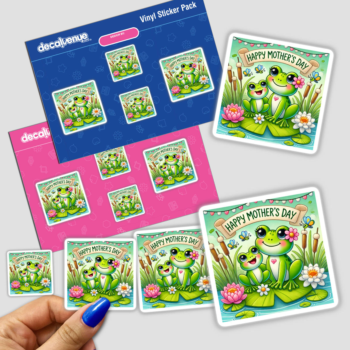Happy Mothers Day with Frogs and Flowers on Lily Pad design available as stickers or digital artwork, showcasing whimsical frogs and vibrant flowers on a lily pad.