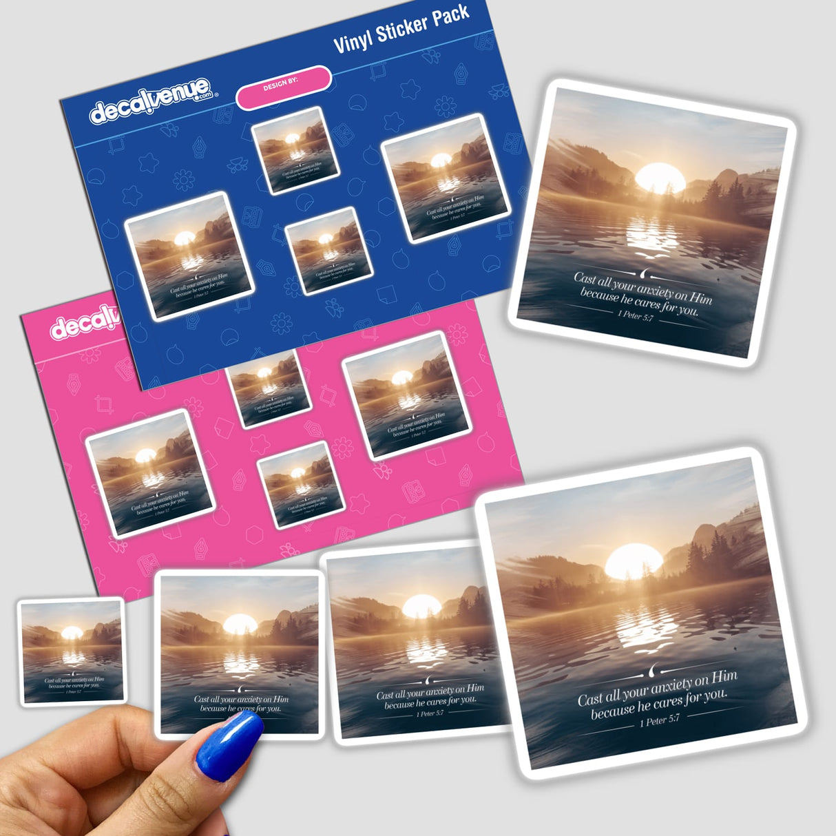 Sticker featuring Cast all your anxiety on Him because He cares for you. 1 Peter 5:7 over a serene sunset, available as a unique vinyl sticker or digital artwork.
