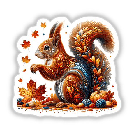 Beautiful Autumn Squirrel with Leaves, featuring a cute squirrel surrounded by leaves, pumpkins, and berries, available as stickers or digital artwork from Decal Venue.