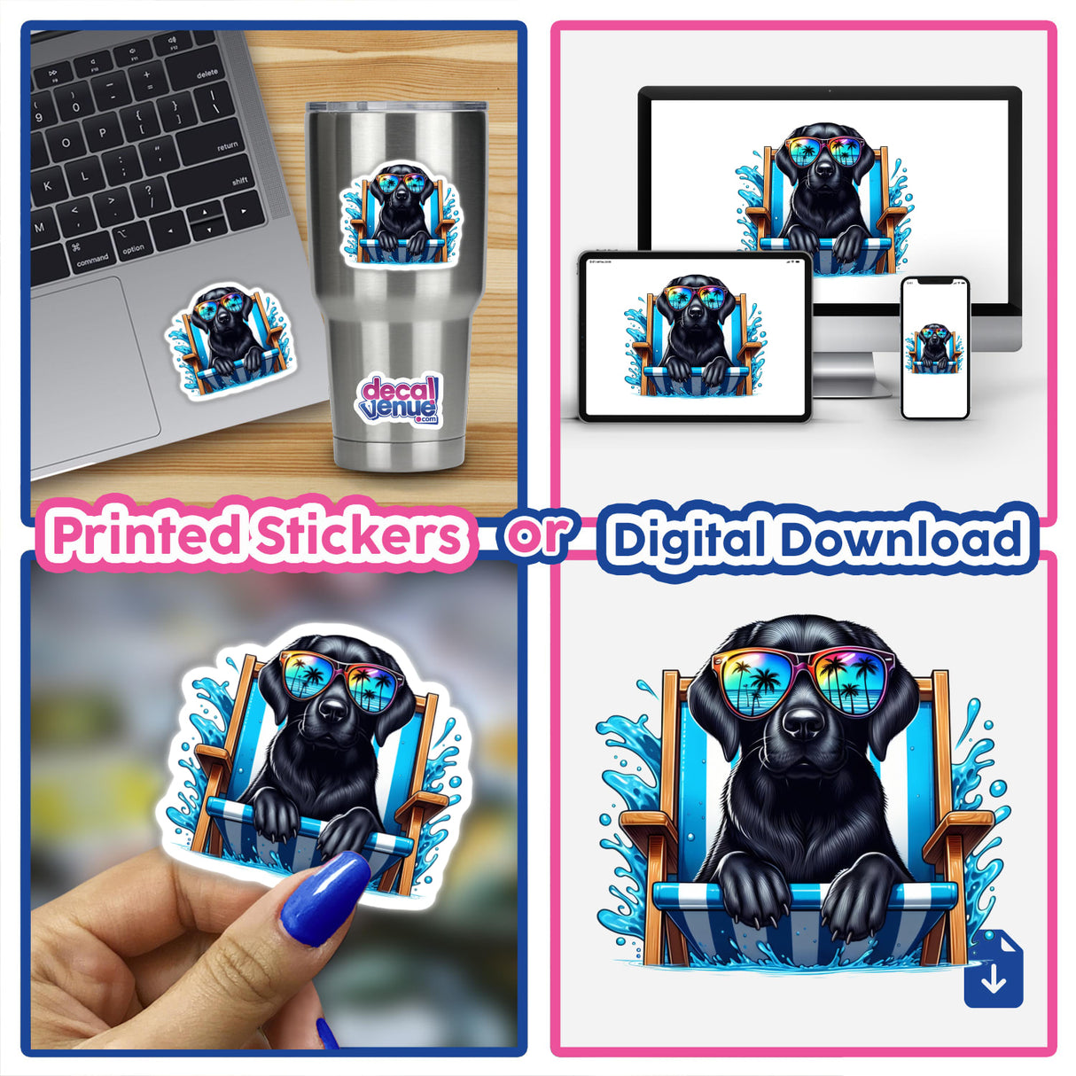 Peeking black lab in sunglasses sits in a beach chair, available as a vinyl sticker or digital artwork. Featured in a collage with laptops and various stickers showcasing playful designs.