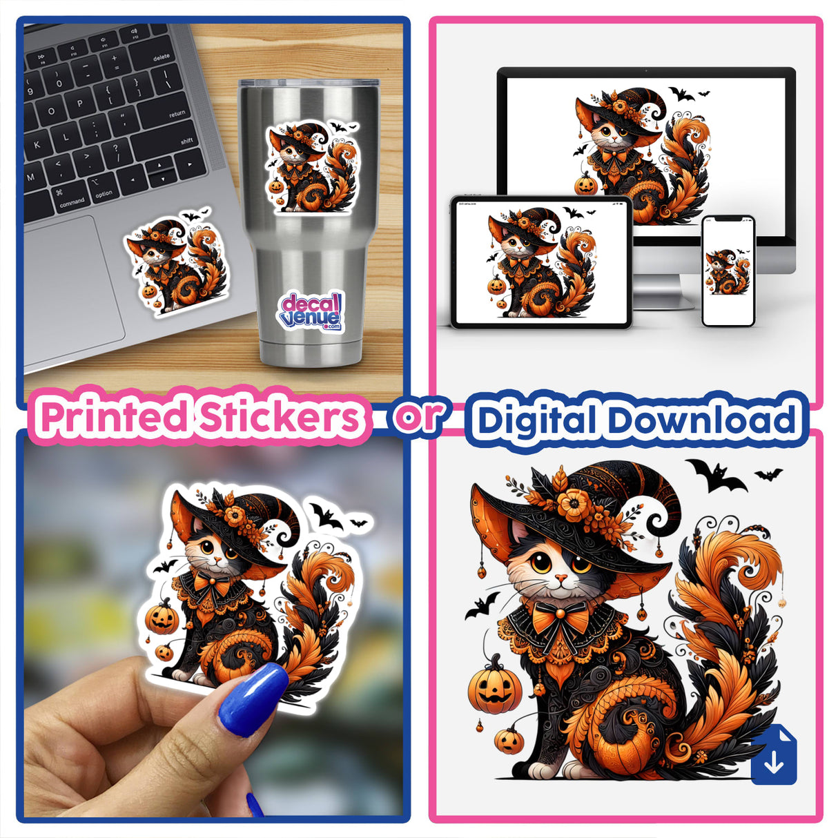 Halloween Cat in Witch Hat - Colorful digital artwork featuring a cute cat wearing a witch hat surrounded by Halloween-themed elements like pumpkins and bats. The artwork is showcased on various digital products like a laptop, smartphone, and tumbler.