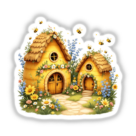 Whimsical Bumblebee Houses Nestled Among Spring Flowers, showcasing cartoon beehive houses with round windows and doors adorned by vibrant flowers, perfect as unique stickers or digital art.