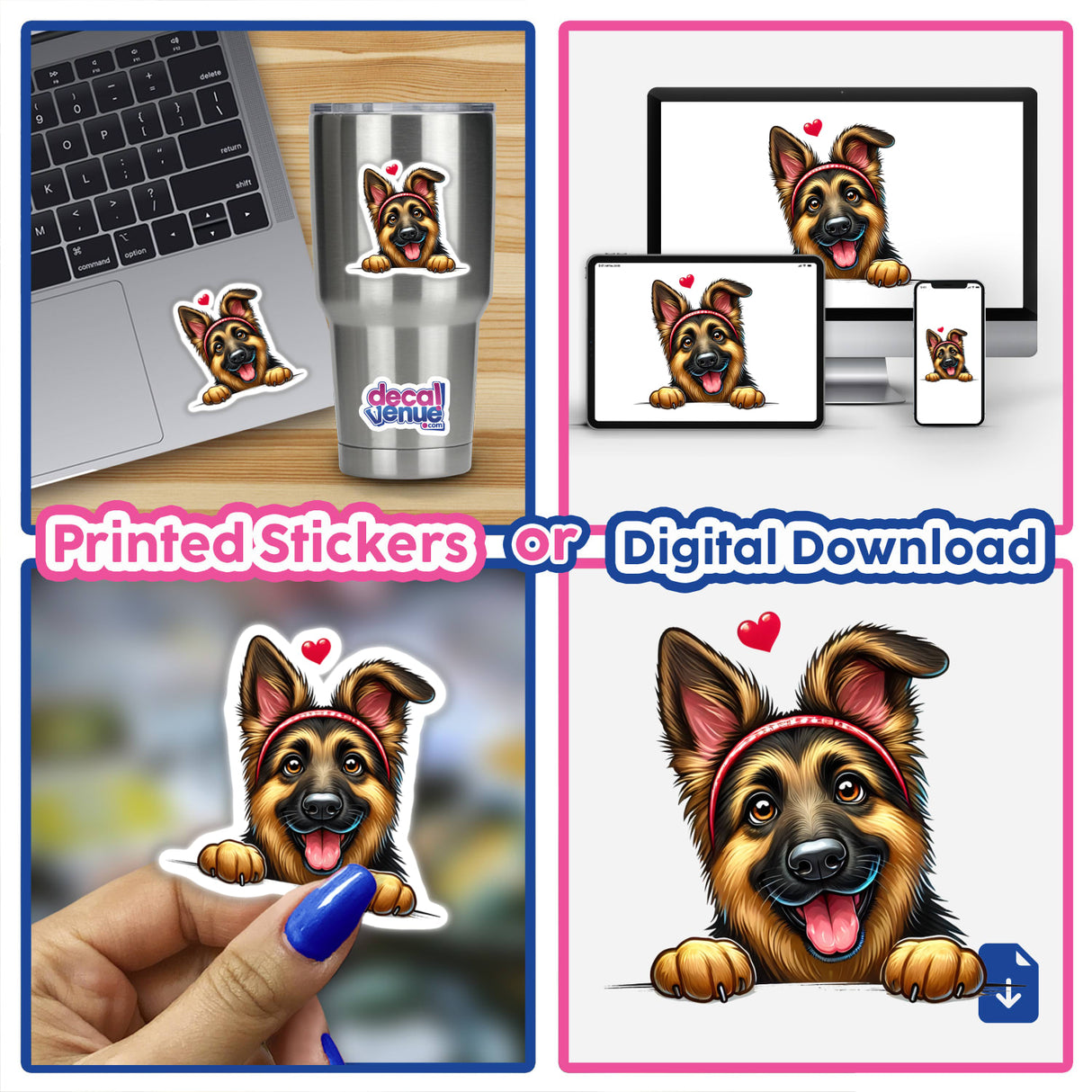 Peeking German Shepherd stickers featuring a dog's face with a red headband. Ideal for laptops and mugs, available as vinyl decals or digital artwork from Decal Venue.