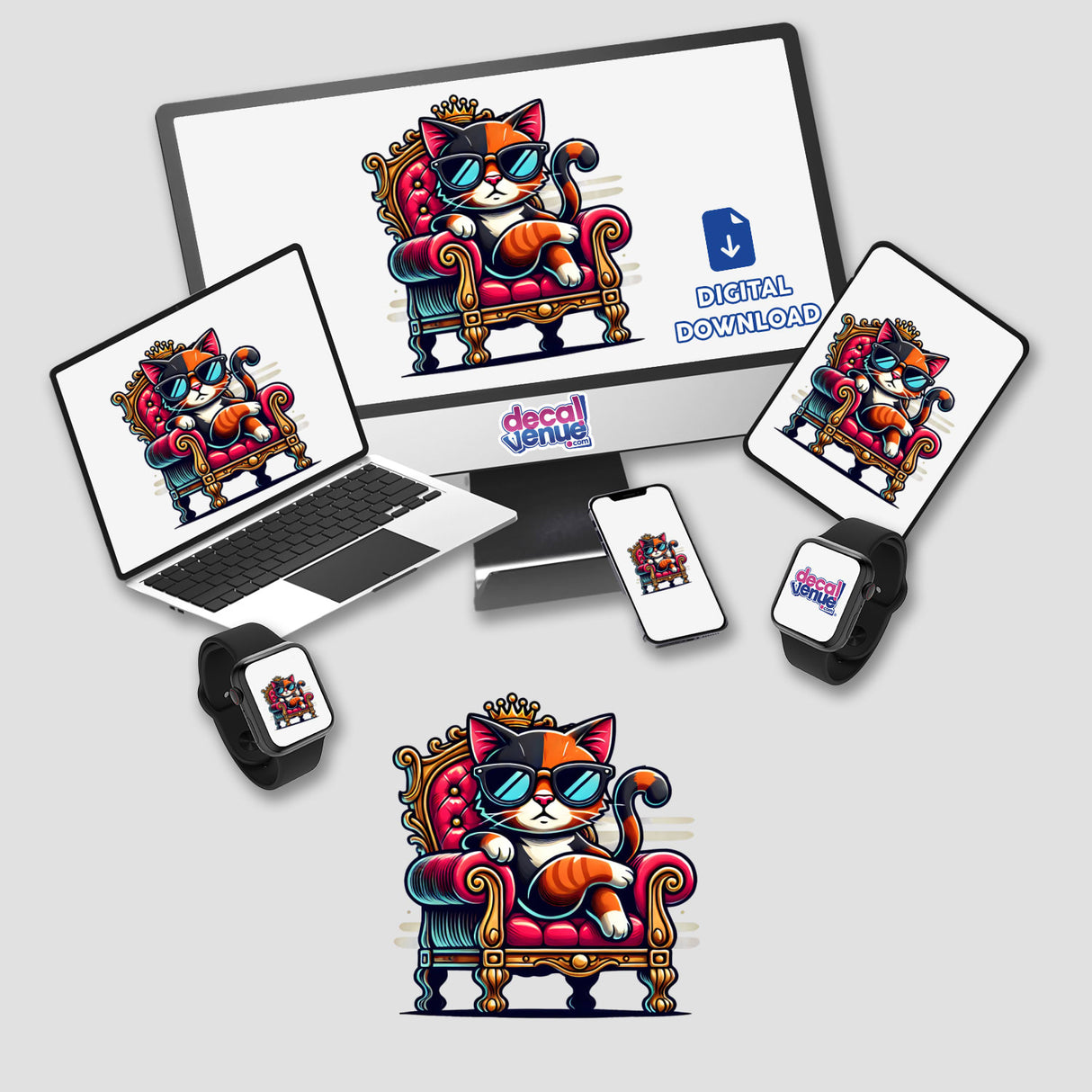 Sassy Cat Royalty Cool Cat on a Throne depicted on a computer screen, available as stickers or digital artwork from Decal Venue.