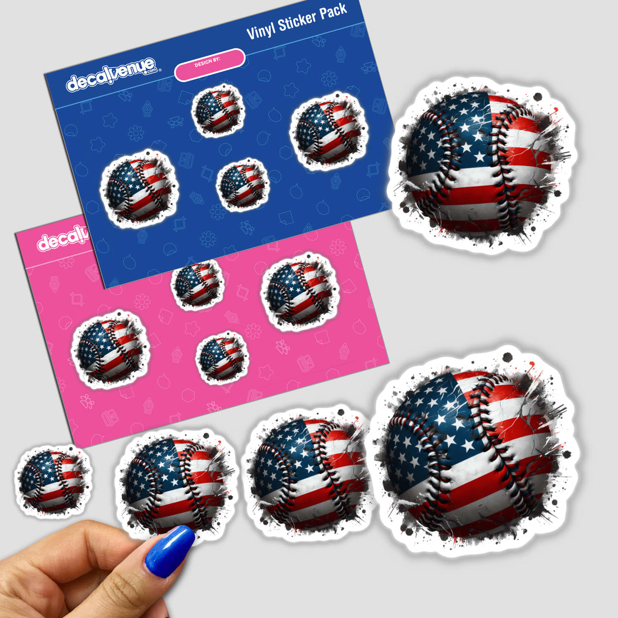 Sticker pack featuring American Flag Baseball Splatter design, showcasing baseballs with flag patterns. Available as stickers or digital artwork, aligning with Decal Venue's unique vinyl sticker and digital art offerings.