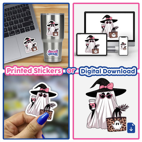 Boujee Ghost Leopard Tote and Coffee sticker collage featuring a cartoon ghost holding a coffee cup and bag, displayed on various surfaces including a laptop and hand.