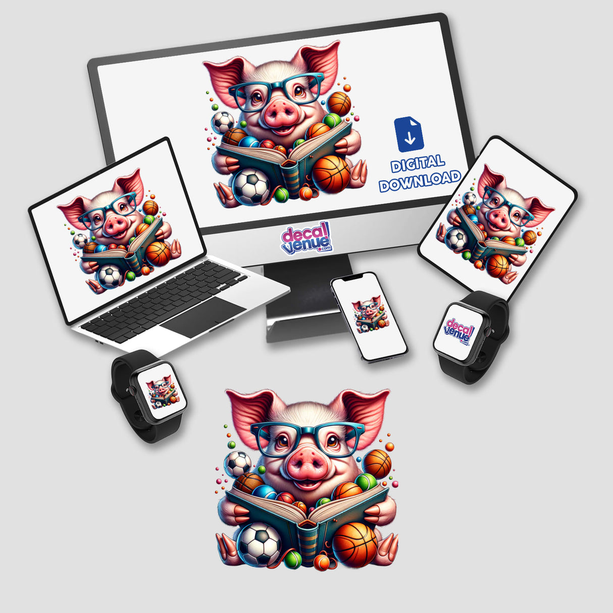 Cute Pig Reading a Book with Glasses and Sports Balls artwork featuring a pig engrossed in a book, surrounded by sports balls, displayed on a computer monitor and laptop.