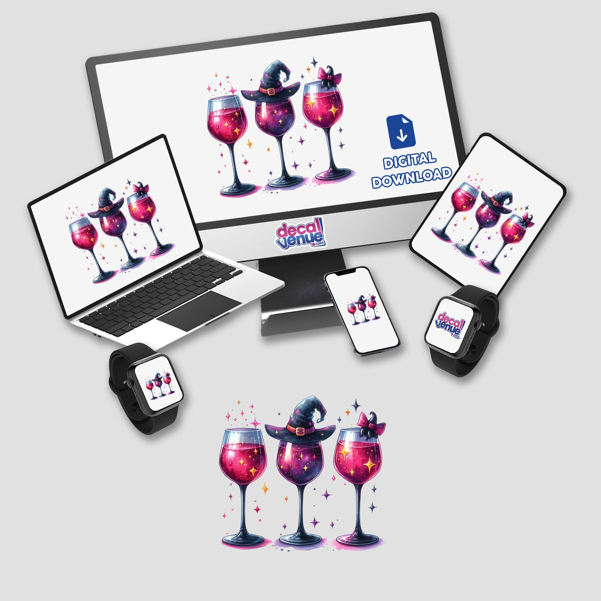 Three Halloween Witchy Red Wine Glasses displayed on a computer monitor and laptop screen, available as stickers or digital artwork.