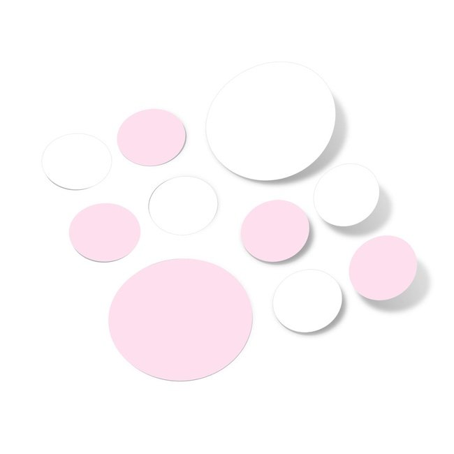 Baby pink and white polka dot circle wall decals in various sizes, made from premium vinyl.