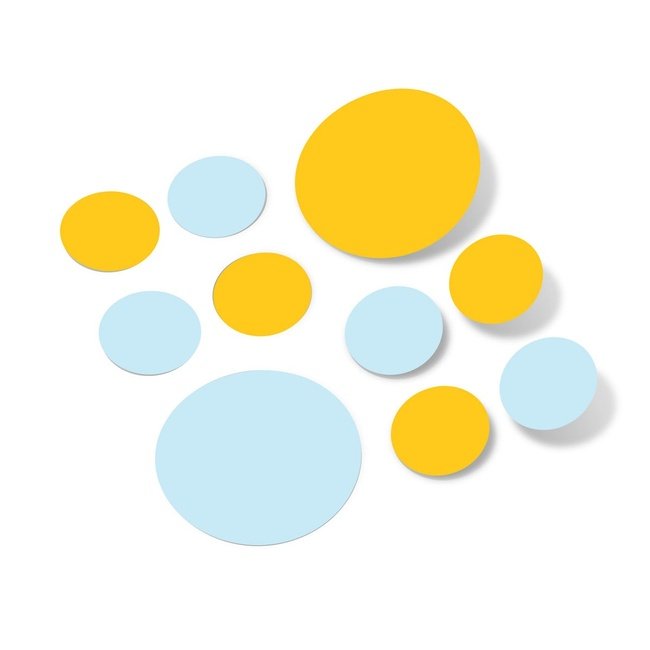 Baby blue and yellow polka dot wall decals made from premium vinyl.