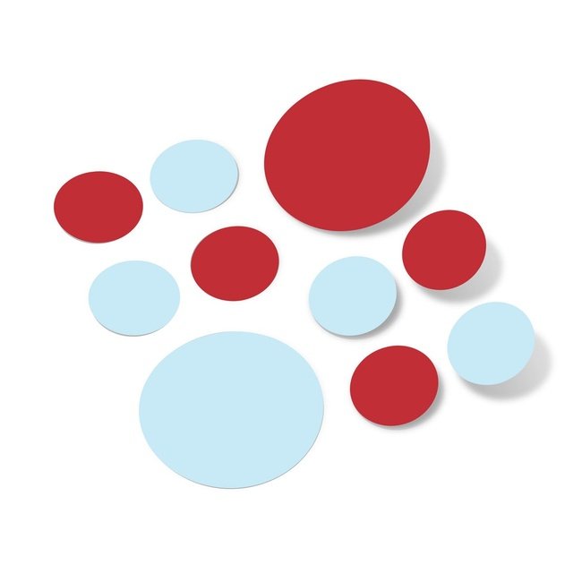 Baby blue and red polka dot circle wall decals, removable vinyl stickers.