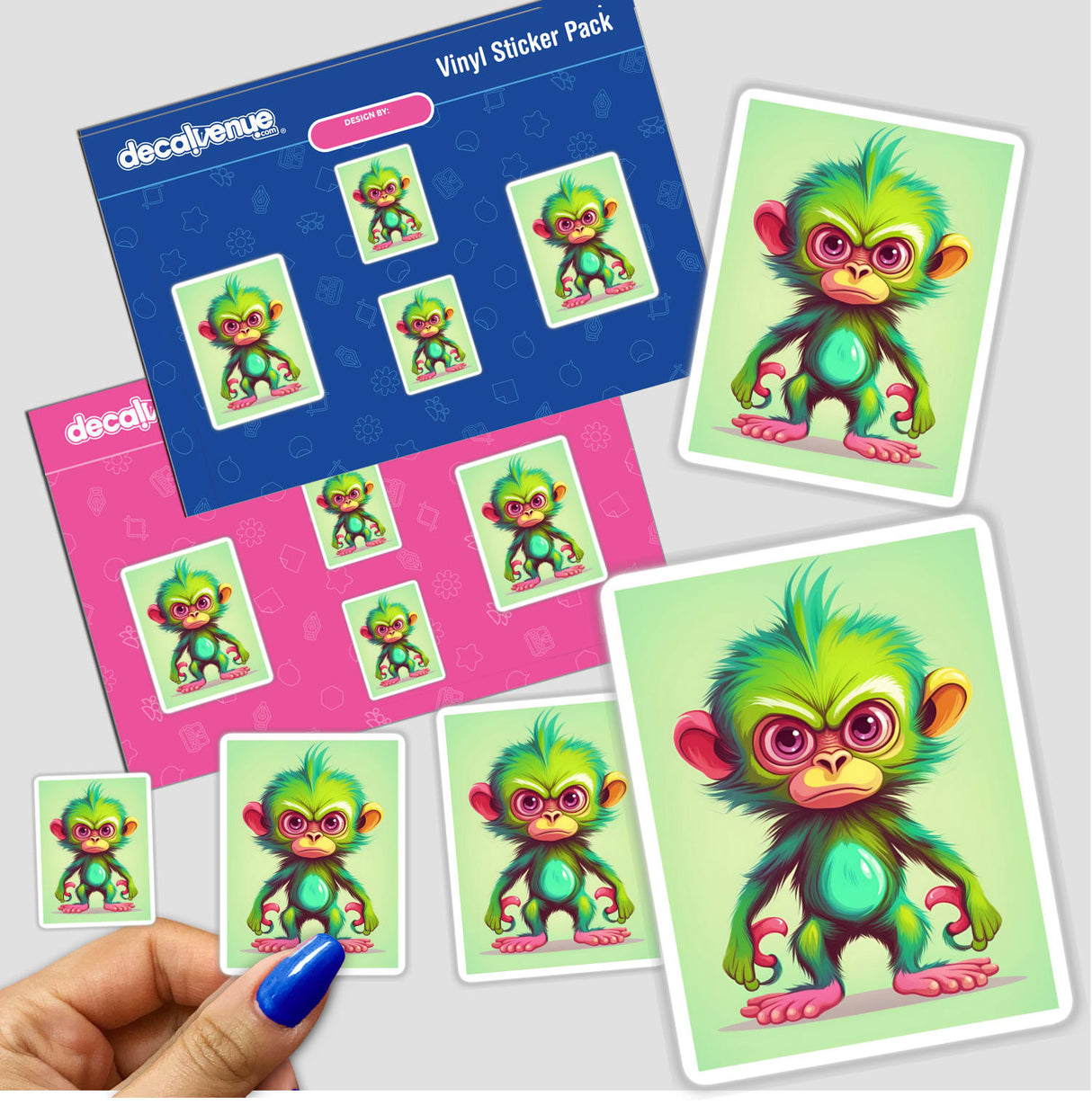 Vibrant digital stickers featuring adorable angry monkey characters in various poses and expressions, displayed on a bright, playful background from the Decal Venue store.