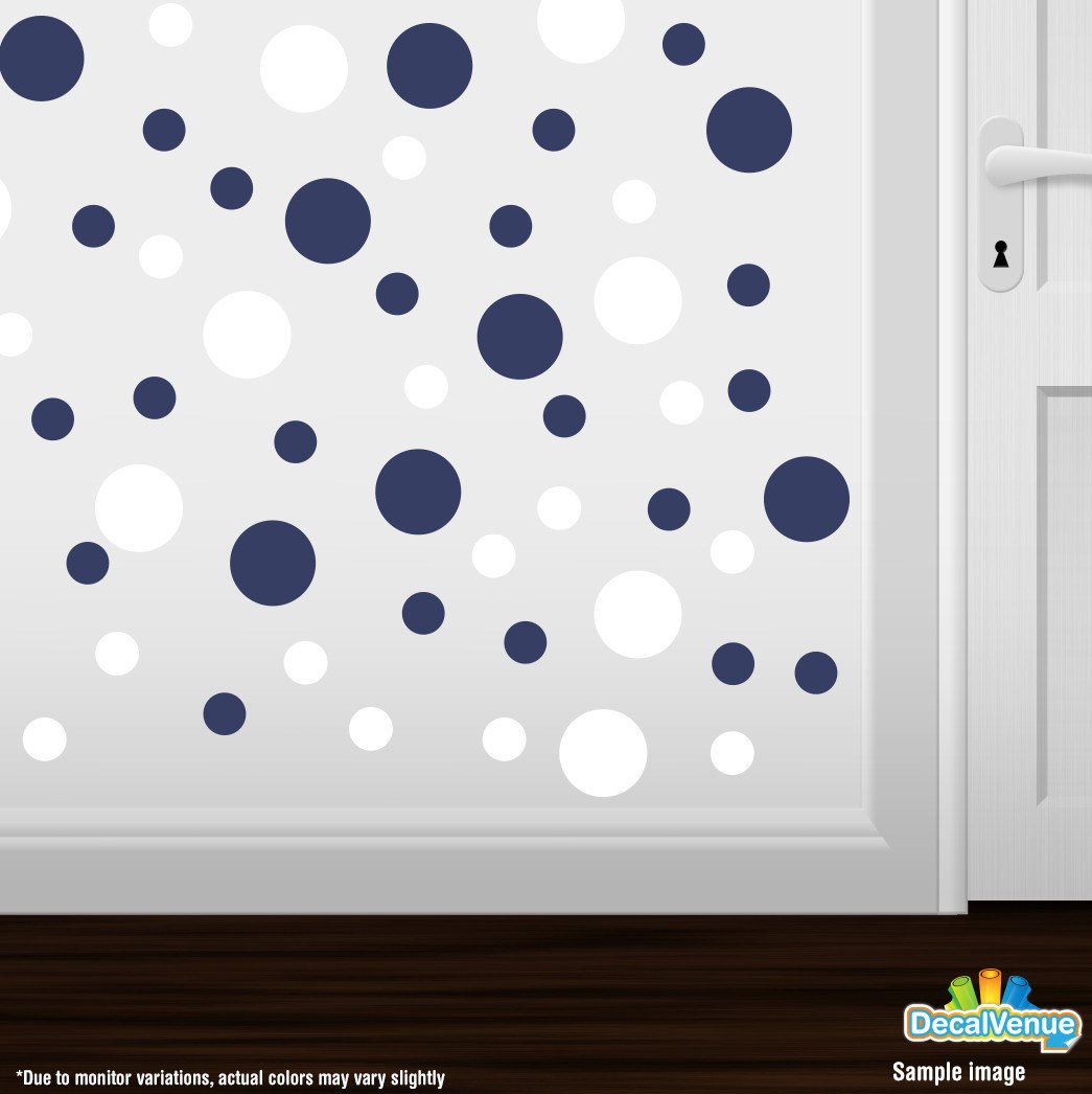 White and navy blue polka dot circles wall decals
