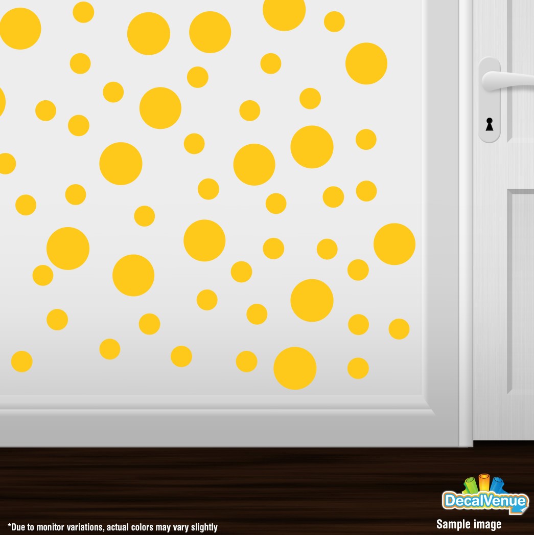 Yellow Polka Dot Circles Wall Decals - Vibrant yellow decals scattered across a white wall, creating a playful and cheerful atmosphere.