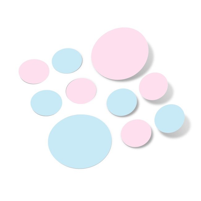 Baby pink and baby blue polka dot wall decals in various sizes.